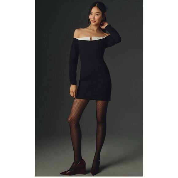 Anthropologie Maeve Black Off-The-Shoulder Twofer Mini Zip Up Dress Size L EUC - Picture 3 of 13